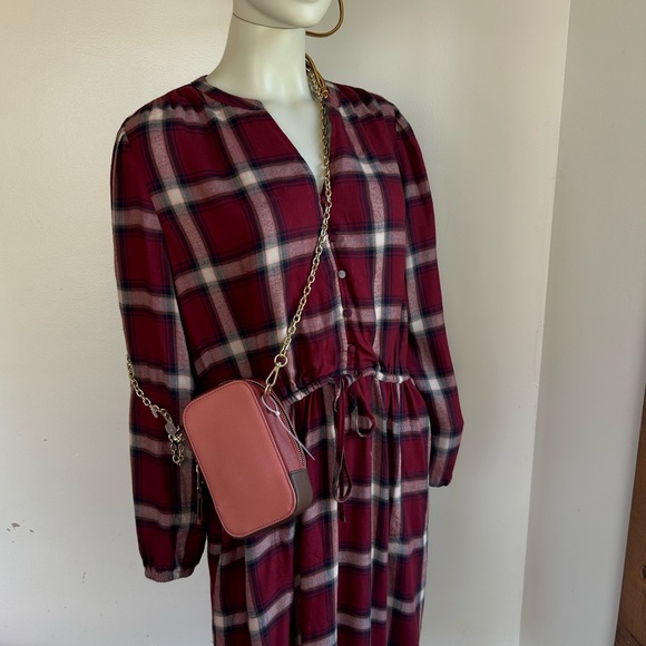 time and tru L Plaid Button-Front Drawstring Waist Dress in Burgundy l new - Picture 3 of 6